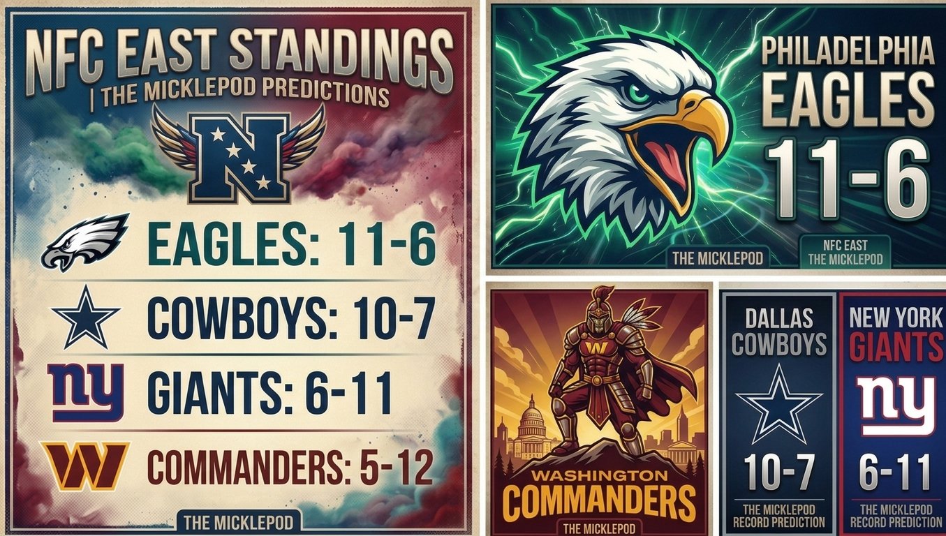 Collage of NFL standings and predictions for the NFC East, including teams Eagles, Cowboys, Giants, and Commanders, with team logos, records, and a graphic of the Washington Commanders as a knight, along with a logo of the Philadelphia Eagles.