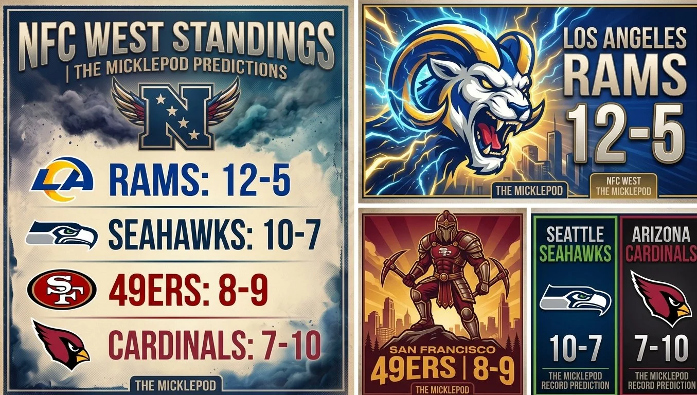 NFL West standings with the Los Angeles Rams at 12-5, the Seattle Seahawks at 10-7, the San Francisco 49ers at 8-9, and the Arizona Cardinals at 7-10. Includes graphics of team logos and predicted record summaries.