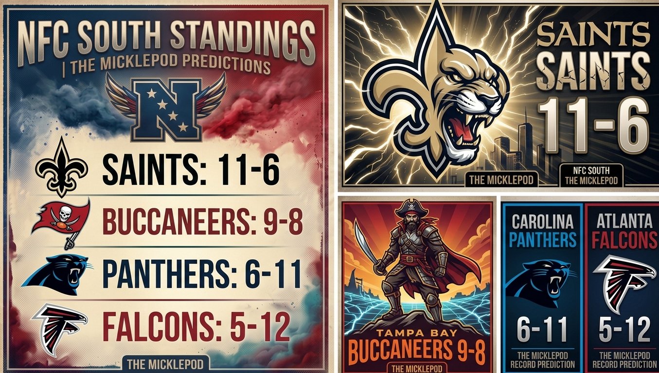 NFL South Standings chart showing stats for Saints, Buccaneers, Panthers, and Falcons, with team logos and predictions for the NFC South division.