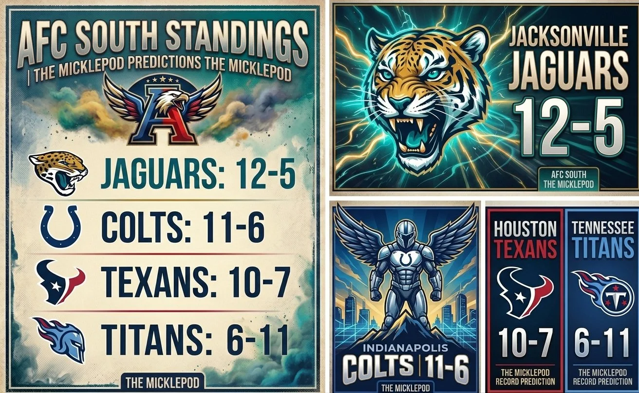 Compilation of AFC South football team standings and predictions: Jaguars 12-5, Colts 11-6, Texans 10-7, Titans 6-11; graphics include team logos, a jaguar, a robotic player with wings, a jaguar head with lightning, and team matchup previews.