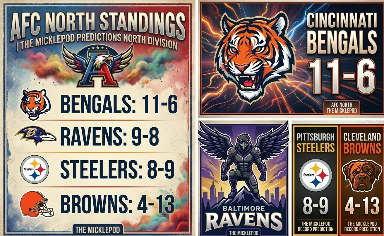 An infographic showing NFL team standings and predictions. The AFC North standings list the Bengals with 11 wins and 6 losses, Ravens with 9 wins and 8 losses, Steelers with 8 wins and 9 losses, and Browns with 4 wins and 13 losses. The graphics include team logos and a colorful, energetic background.