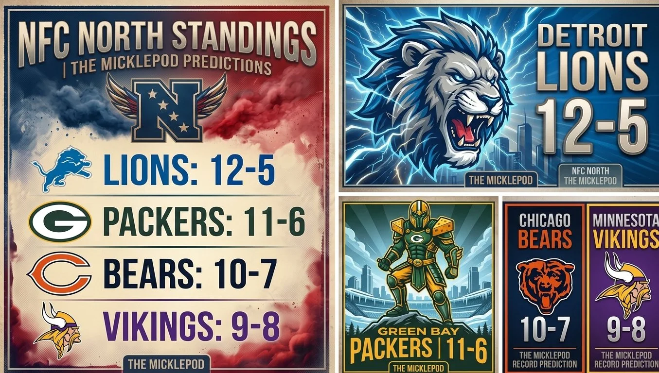 NFL team standings and predictions for NFC North. Detroit Lions lead with a 12-5 record, Green Bay Packers 11-6, Chicago Bears 10-7, Minnesota Vikings 9-8. Graphics of team logos and mascots.
