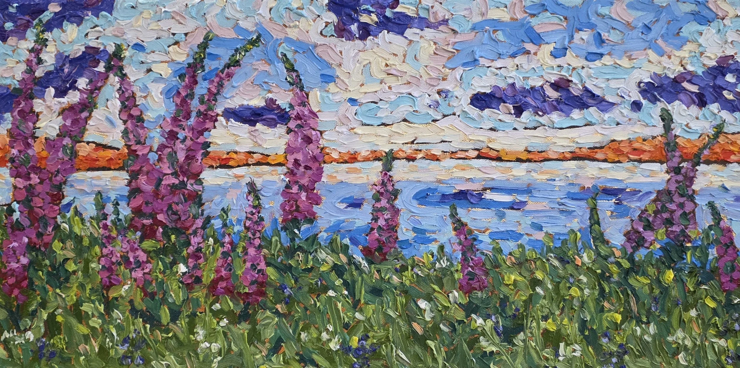 #8-12x24-Seacoast Lupins-Oil Impasto and Gold Leaf on Gallery Canvas