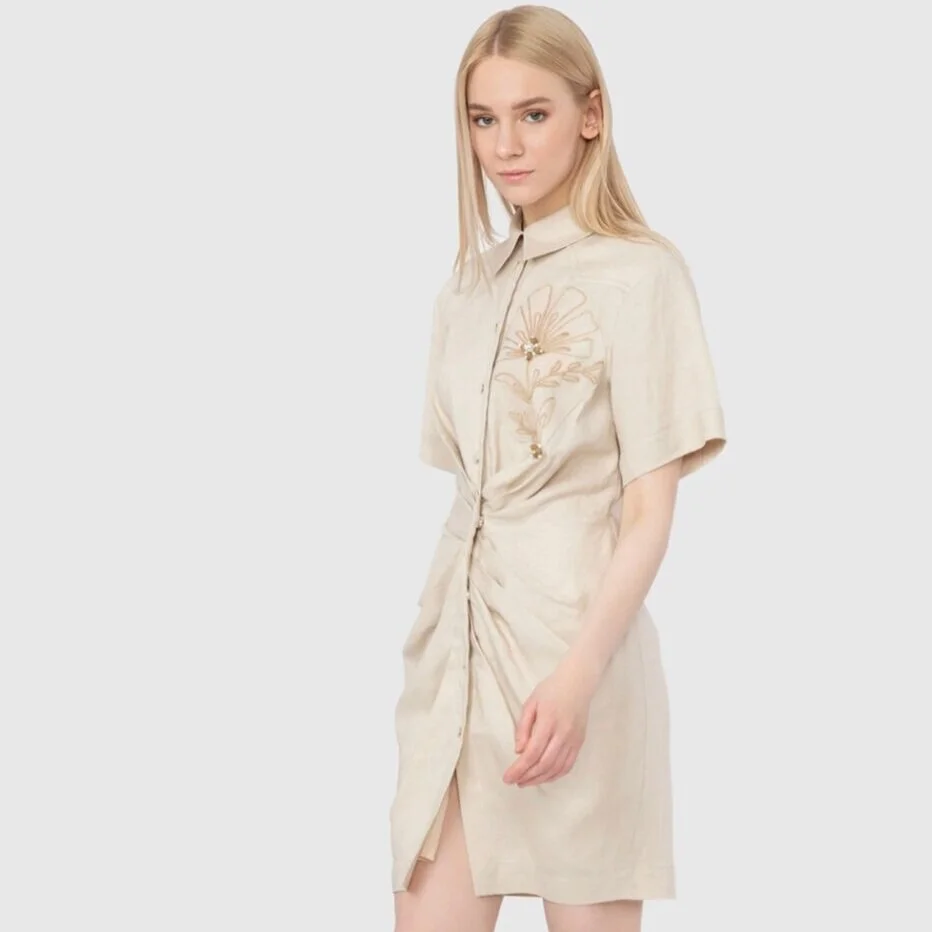 Embroidery Detailed Pleated Buttoned Mini Beige Dress  Just Like That