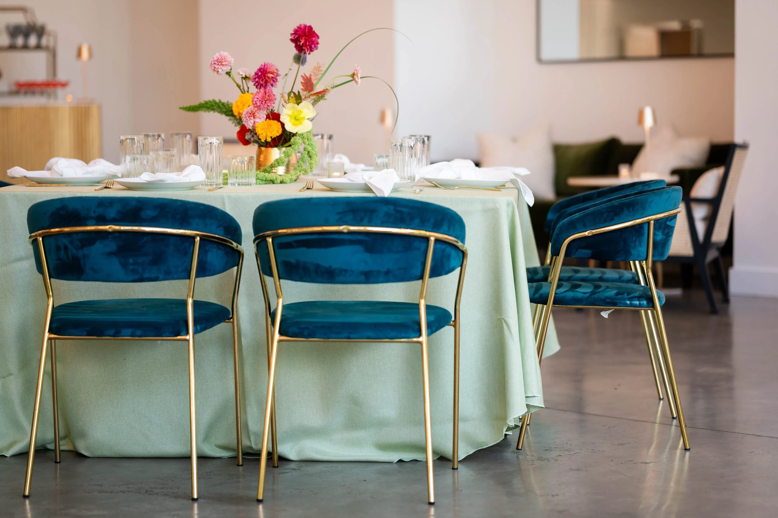 Blue reception chairs with candlelit tables at Nashville wedding in The Hall