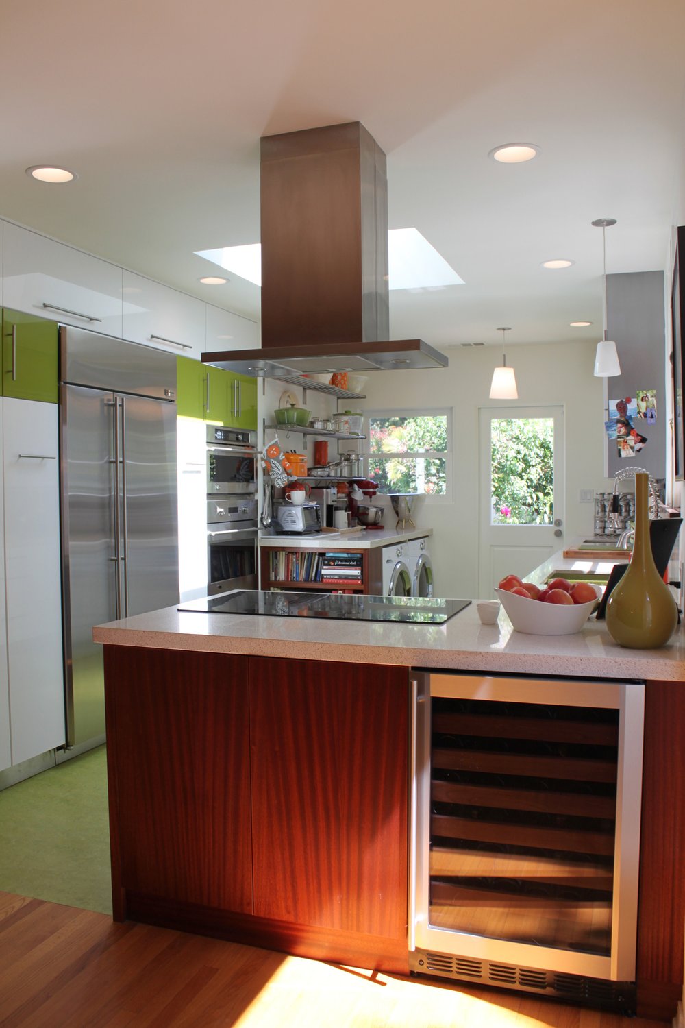 Colorful-Modern-Kitchen-Wine-Cooler-Wood-Peninsula-Cooktop-Hood.JPG