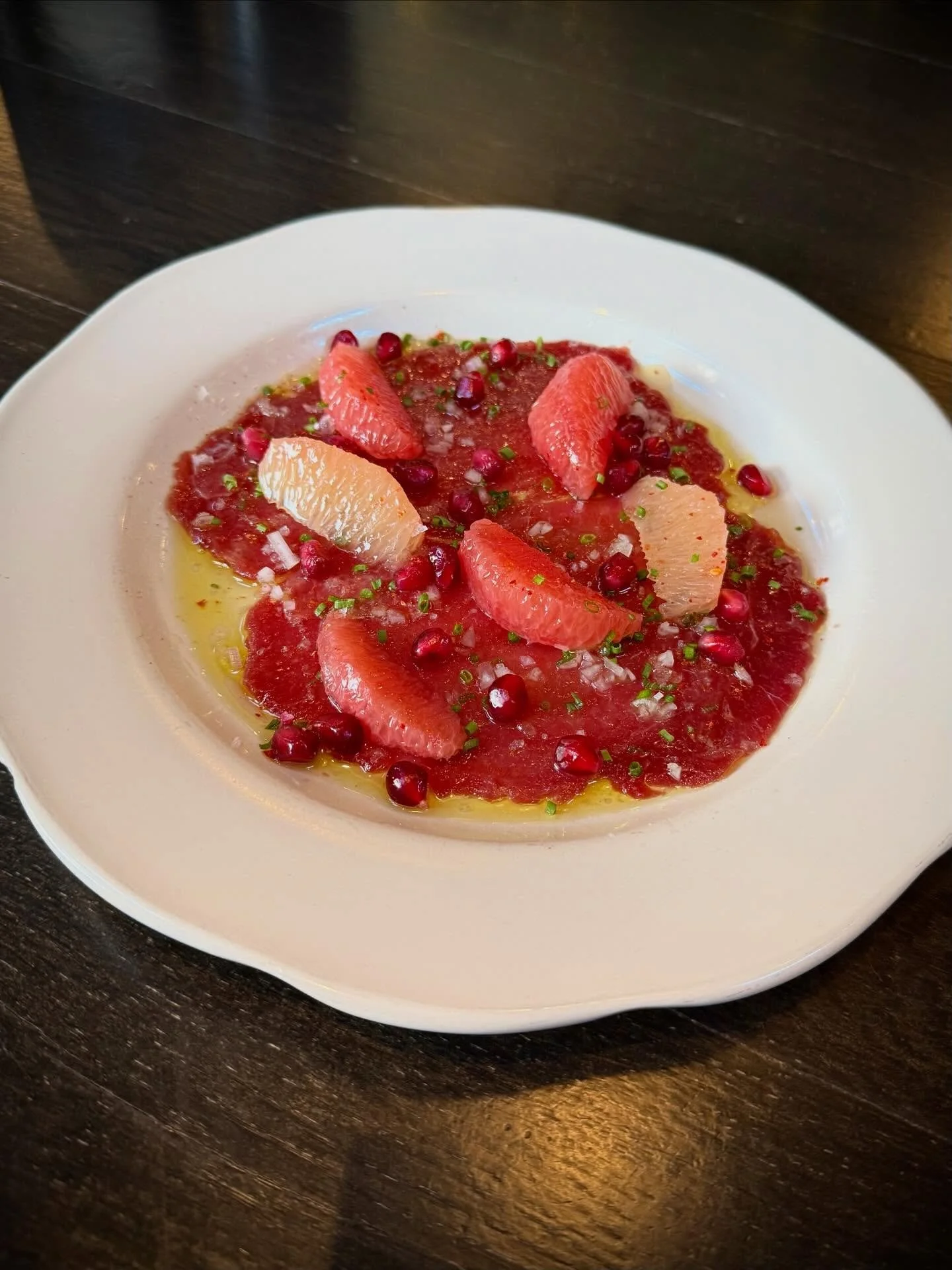 We&rsquo;re feeling festive with lots of warm, bright &amp; beautiful winter flavors on the menu right now! Pictured here:&thinsp;&thinsp;
&thinsp;&thinsp;
✨SPECIAL✨ NC Bluefin Tuna Carpaccio w/Grapefruit, Pomegranate &amp; Yuzu Oil&thinsp;&thinsp;
&