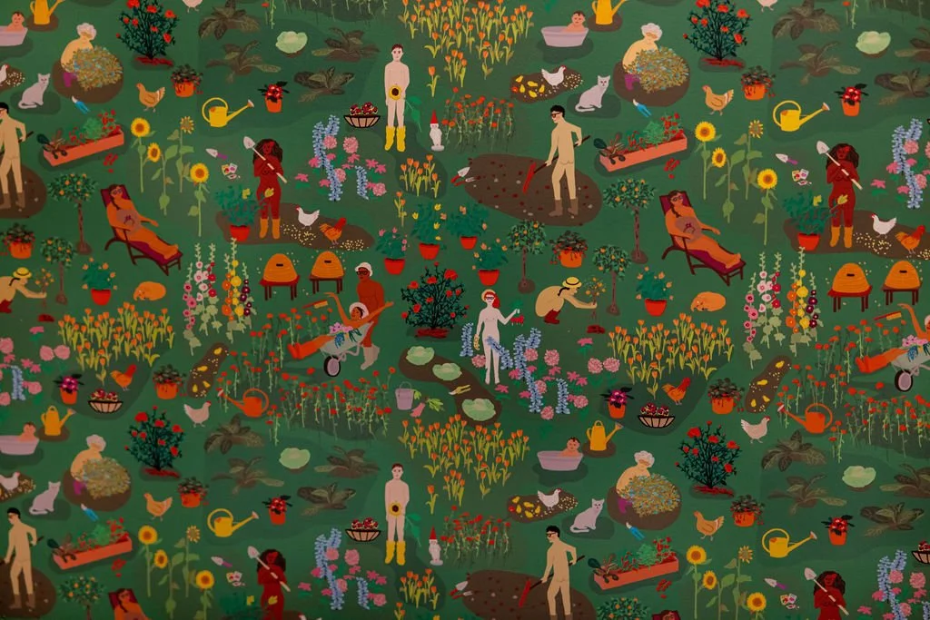 A colorful, whimsical illustration of a garden scene with people gardening, relaxing, and enjoying nature. The scene includes flowers, trees, chickens, ducks, and gardening tools.