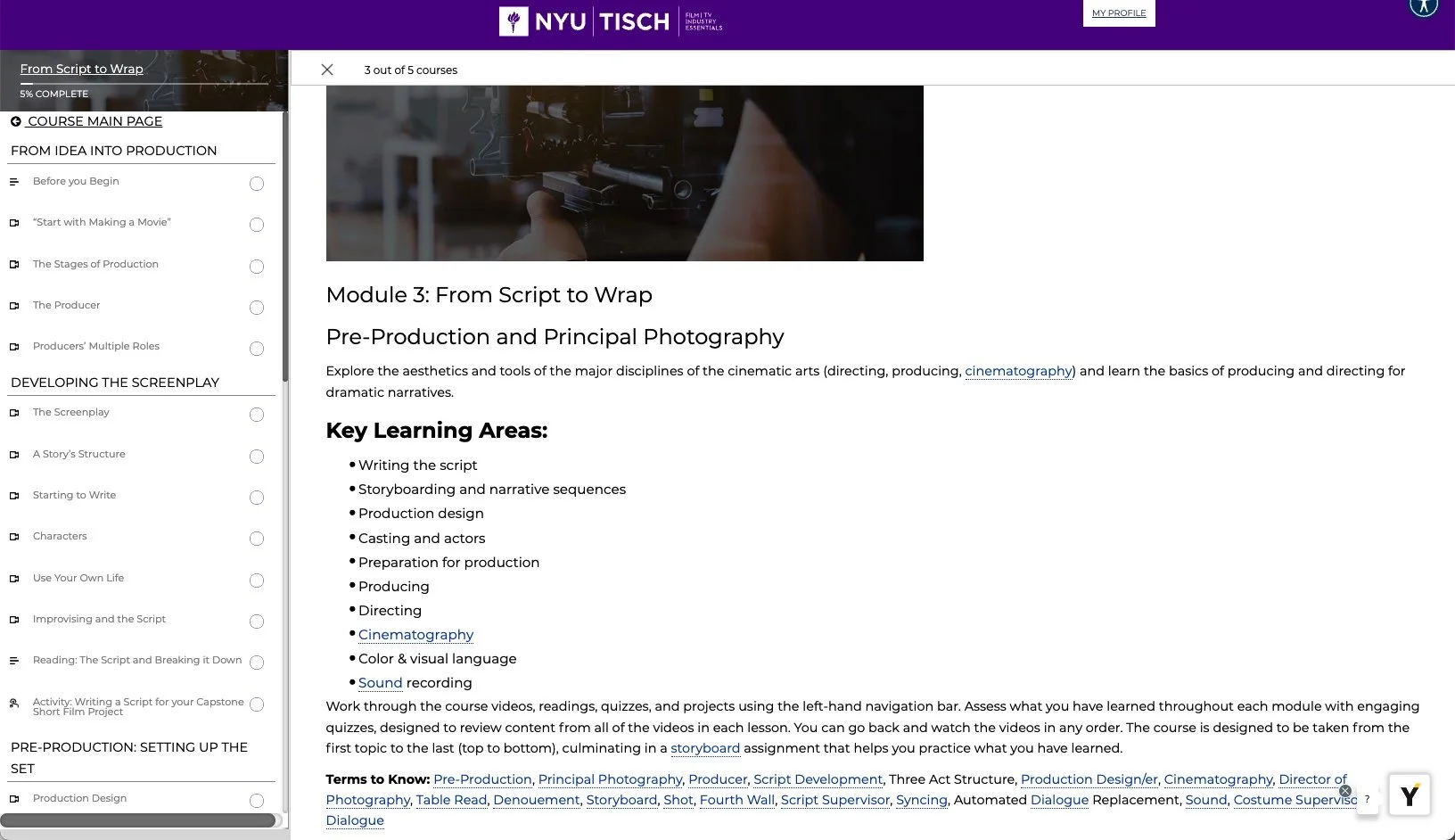 Courses use the LearnDash LMS. Left-hand navigation leave the majority of the screen free for the video or other course content.