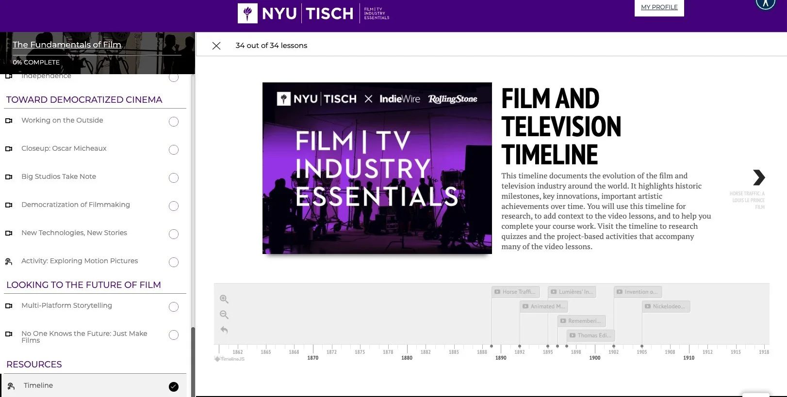 A well-researched interactive timeline gives the student extensive historical setting for the industry and helps contextualize the milestones discussed in the video lectures. 