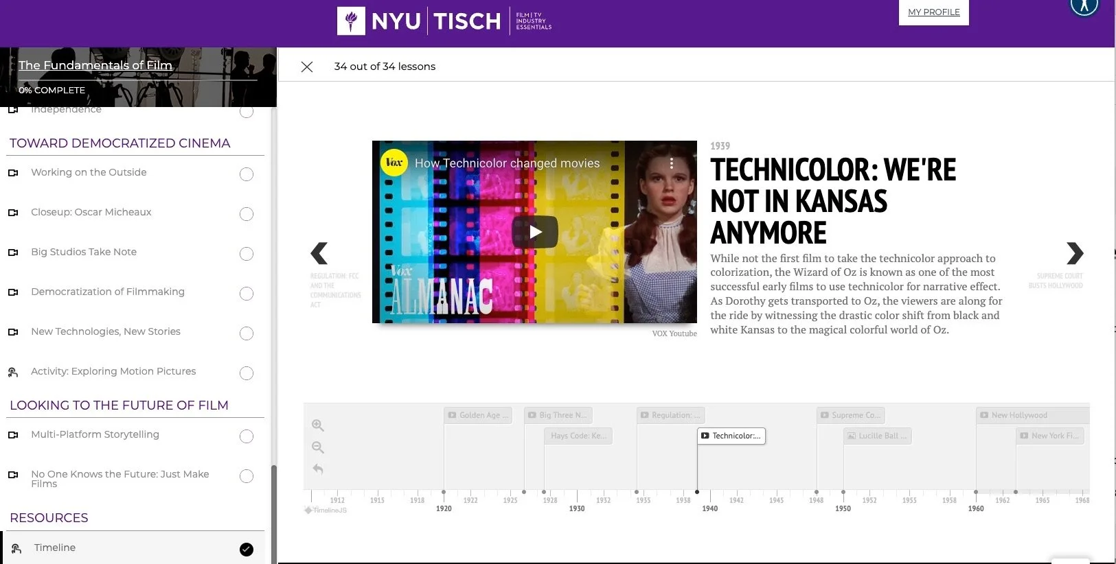 A well-researched interactive timeline gives the student extensive historical setting for the industry and helps contextualize the milestones discussed in the video lectures. 
