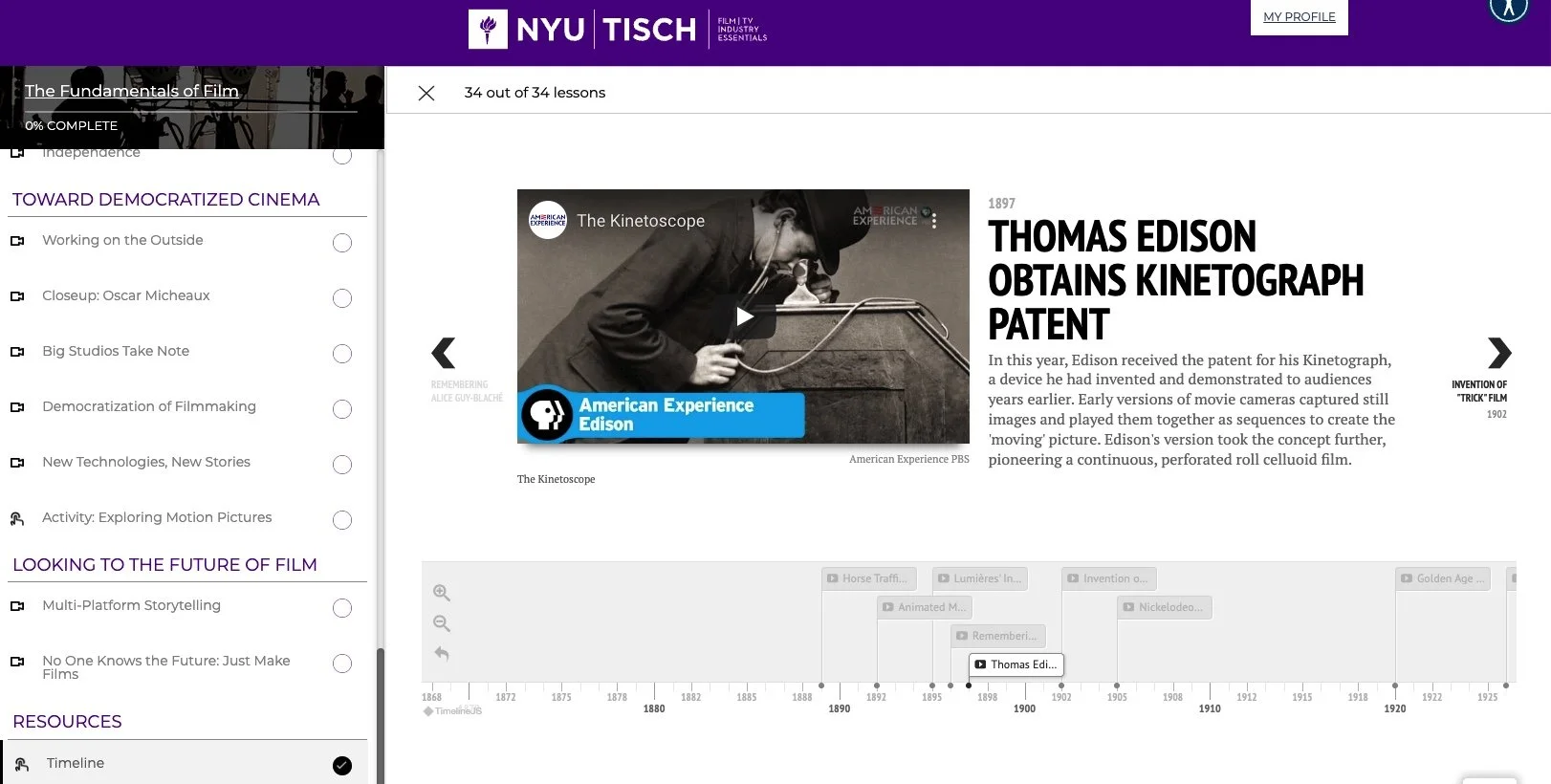 A well-researched interactive timeline gives the student extensive historical setting for the industry and helps contextualize the milestones discussed in the video lectures. 