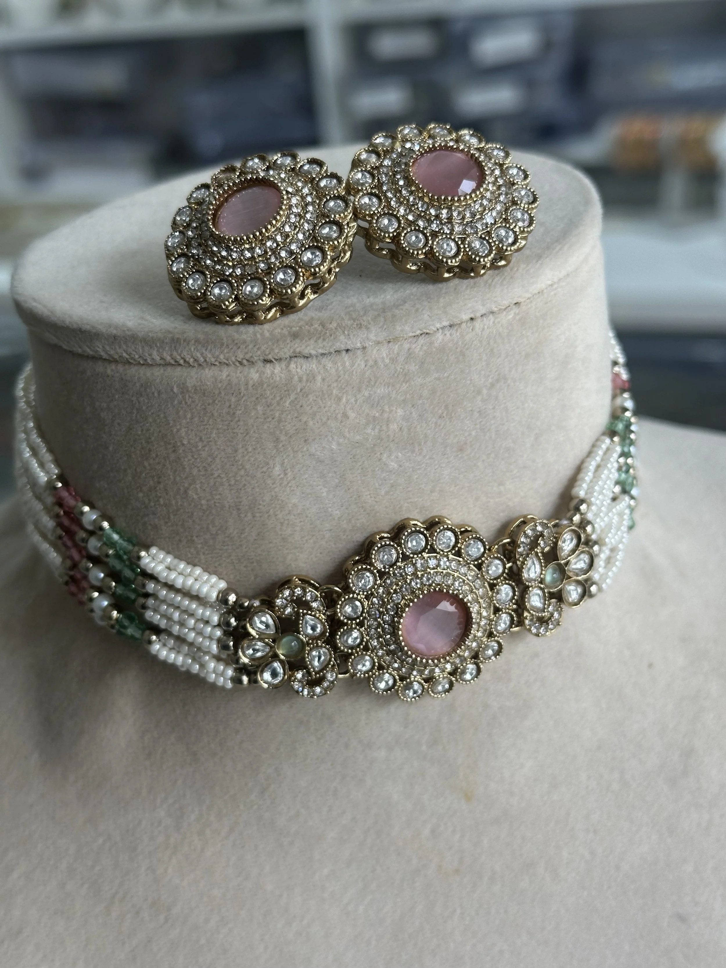 Faux moissanite choker set - pink and sage