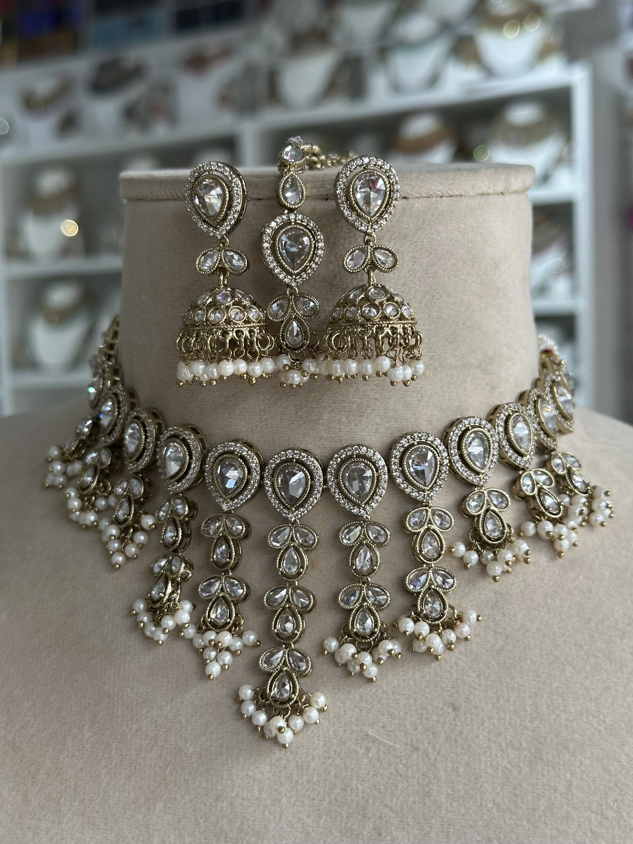 Antique gold and white stone set -Laila