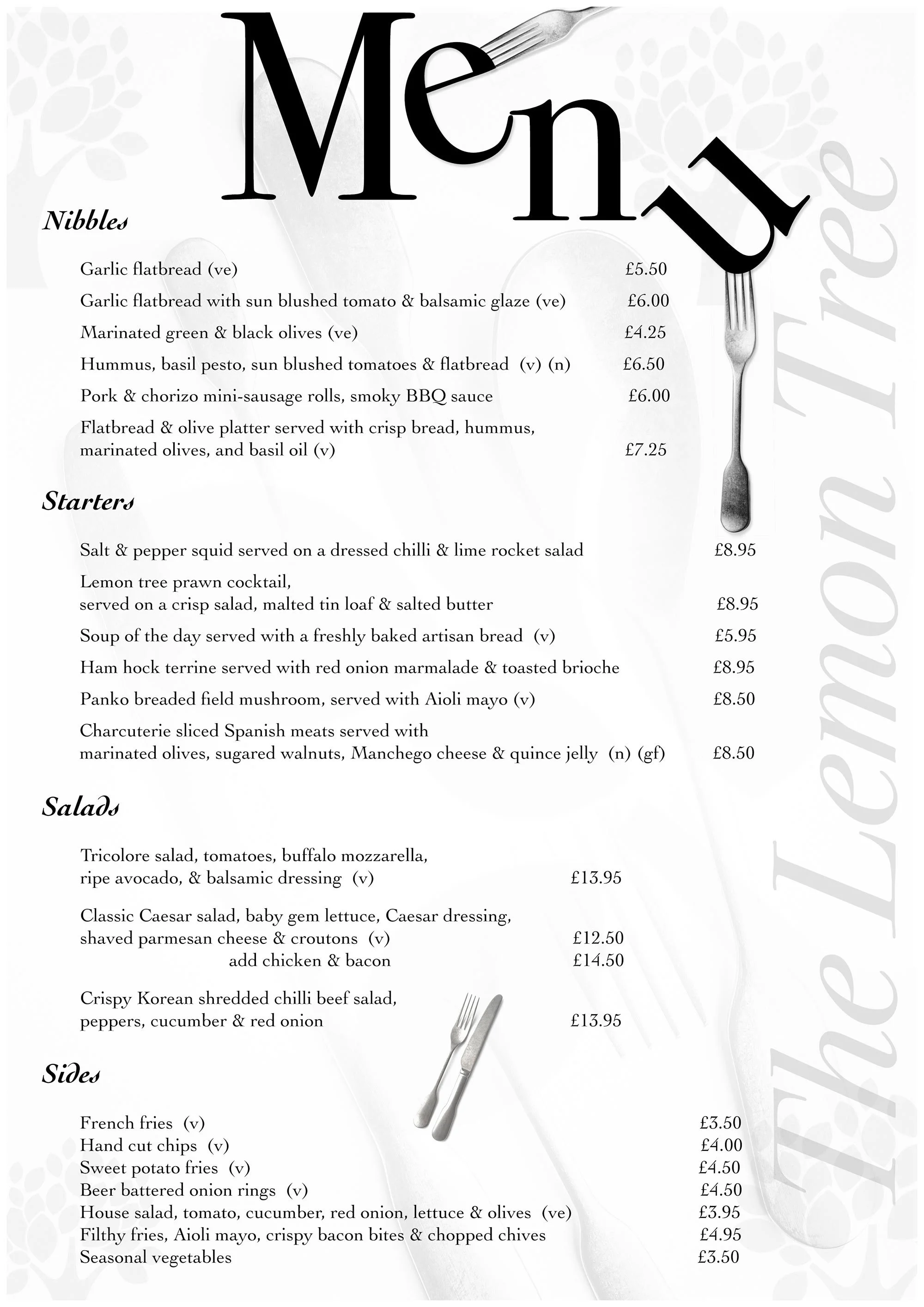 Menus for The Lemon tree restaurant at Thurman Hall, Lancaster — The