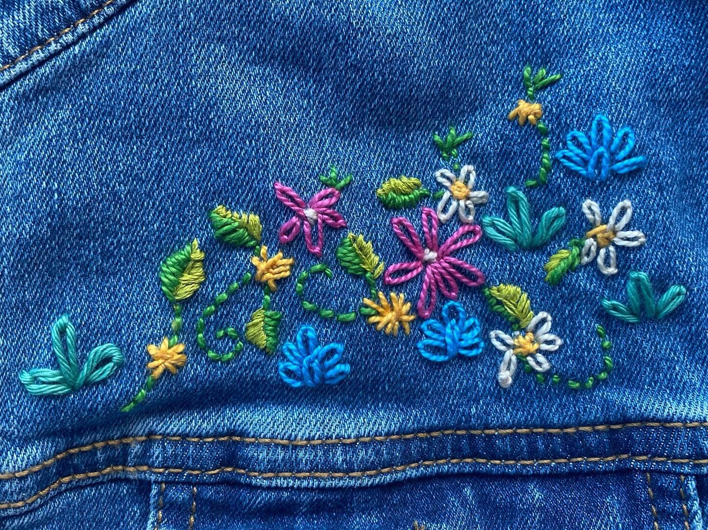 When your granddaughter asks you to stitch some flowers on her denim jacket, you do it. 🌸🌻🌱🌼🪻🌝🌿