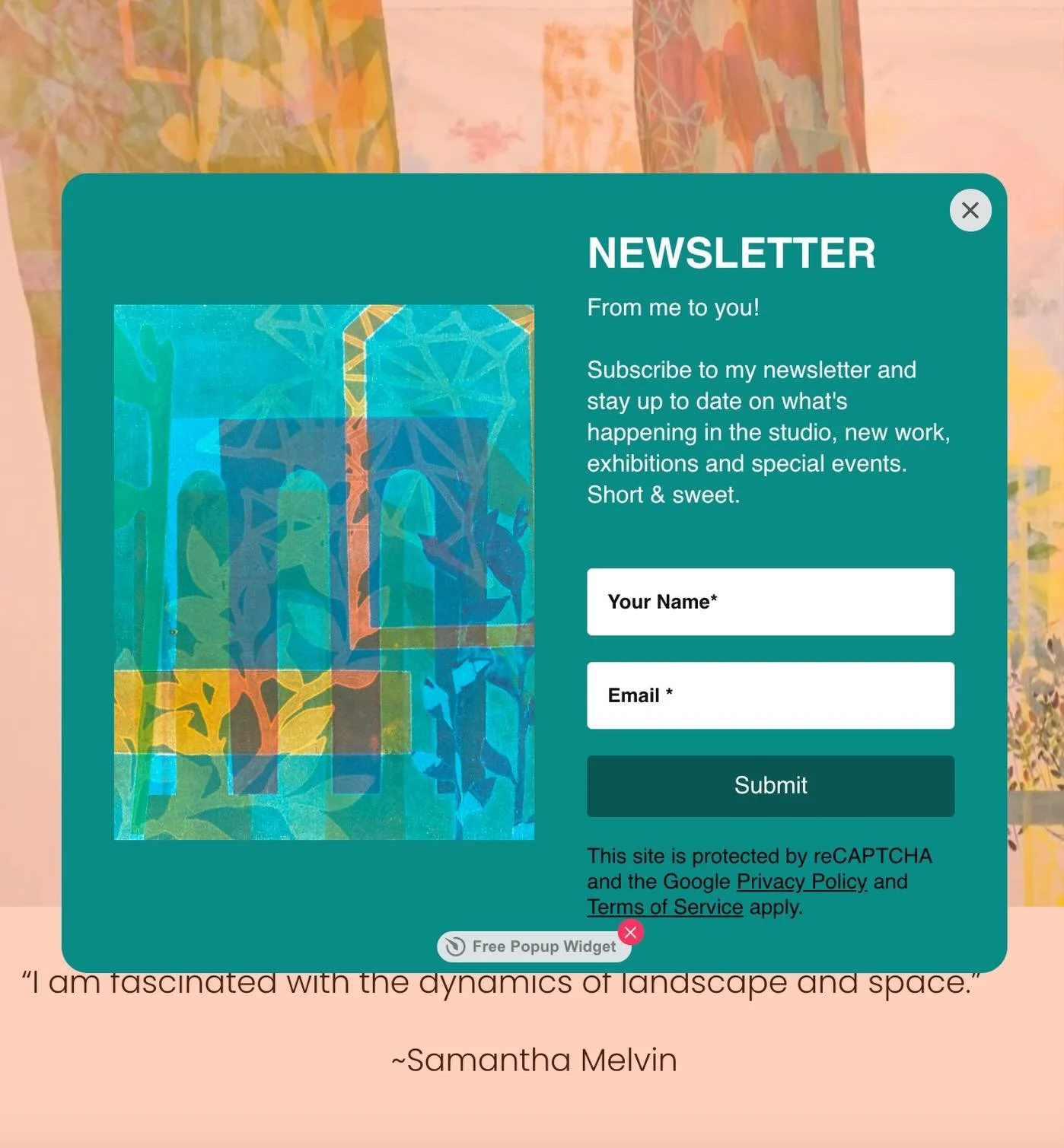 Add color to your inbox by signing up for my newsletter!

Visit my website http://www.samanthamelvin.com and you&rsquo;ll be greeted by a pop-up request for your email address and name. I am excited to share what&rsquo;s happening in the studio, new 