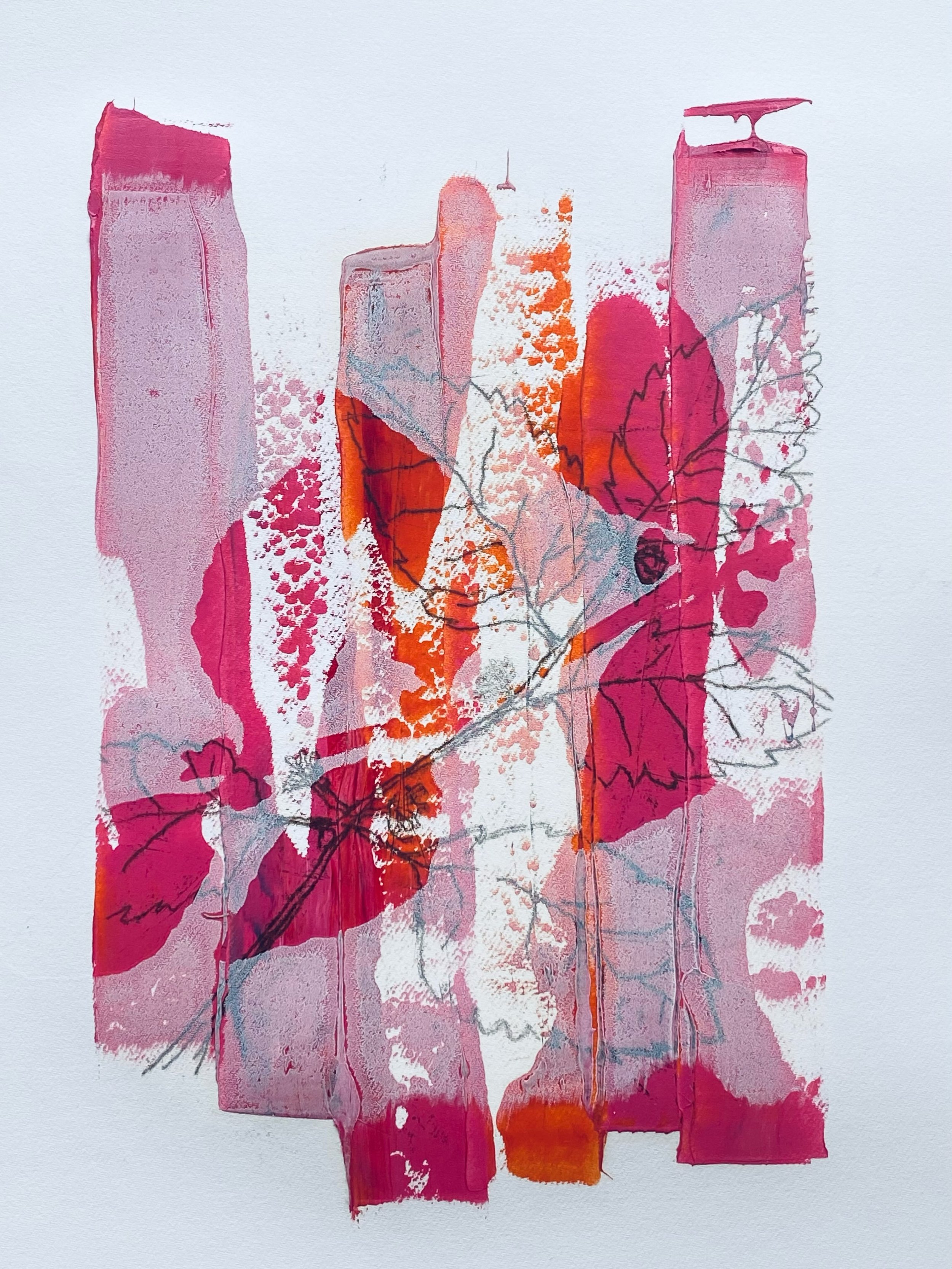American beautyberry
2026, monotype, 11 x 14 in. 

The American beautyberry, Callicarpa americana, flowered just before Holding Stillness opened. Its delicate blooms, nestled closely to the woody stems, will eventually transition to vibrant purple be