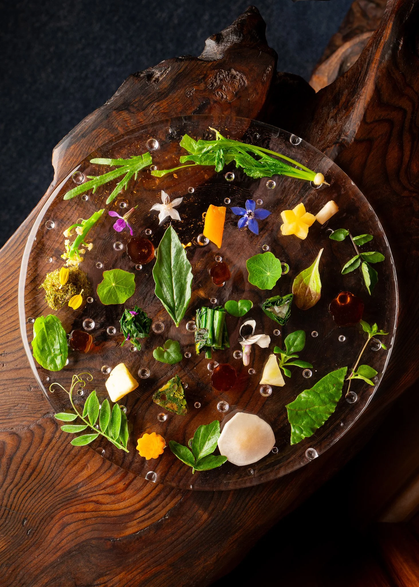 Foraged ingredients dish at the multi Michelin-starred Harbor House Inn in Elk, CA.