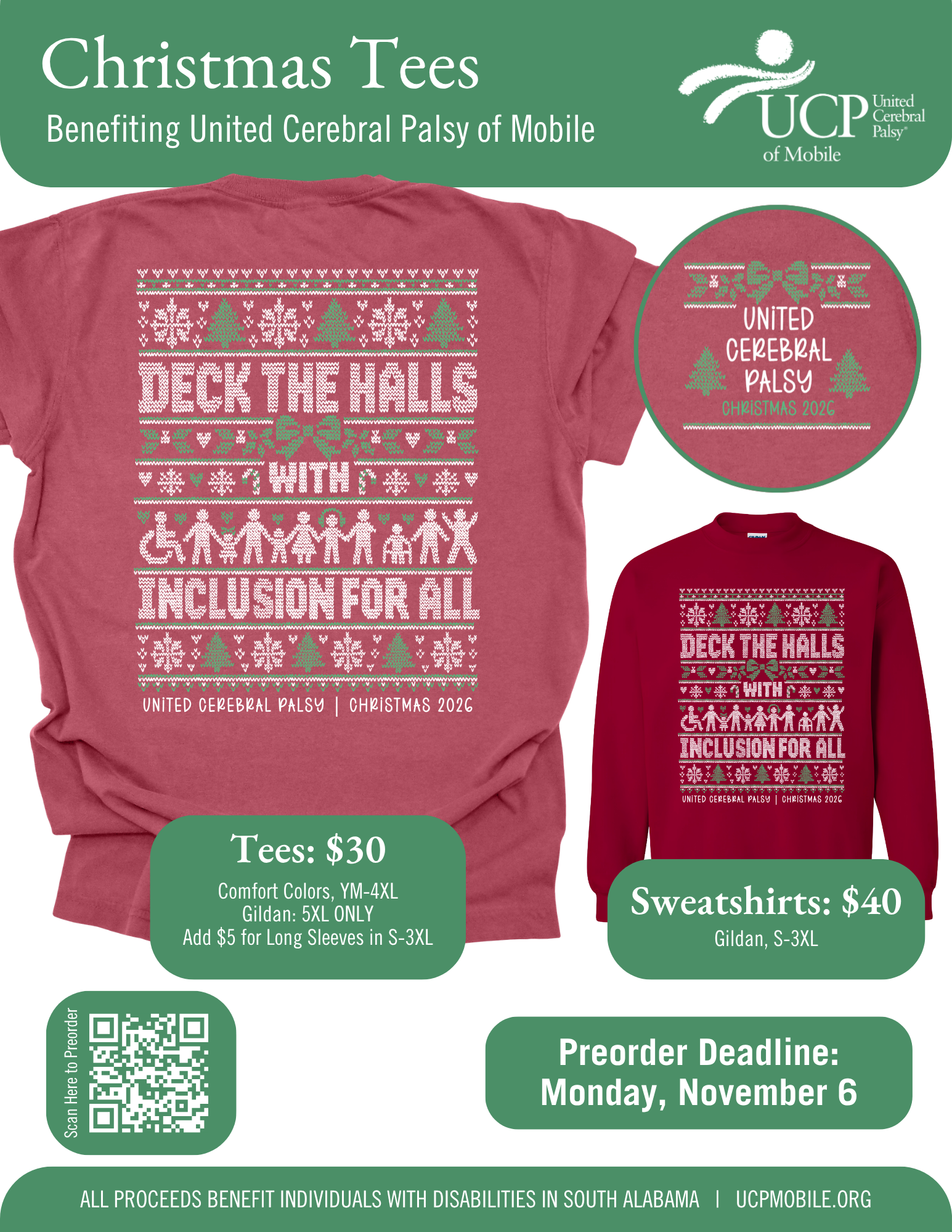 Red Christmas Shirt, Long sleeve, and Red sweatshirt with the words Deck The Halls With Inclusion For All