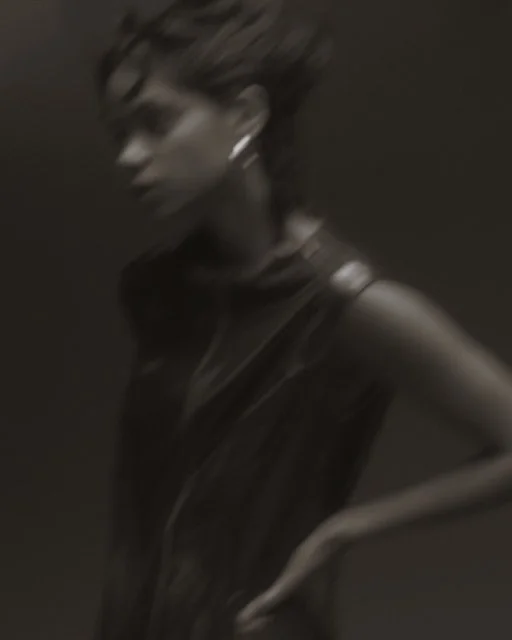 Black and white photo of a woman with styled hair, wearing a sleeveless top, standing with one hand on her hip.