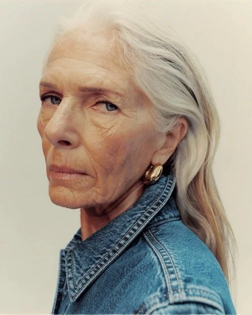 Close-up photo of an elderly woman with long white hair, wearing a denim jacket and a gold earring, looking over her shoulder with a serious expression.