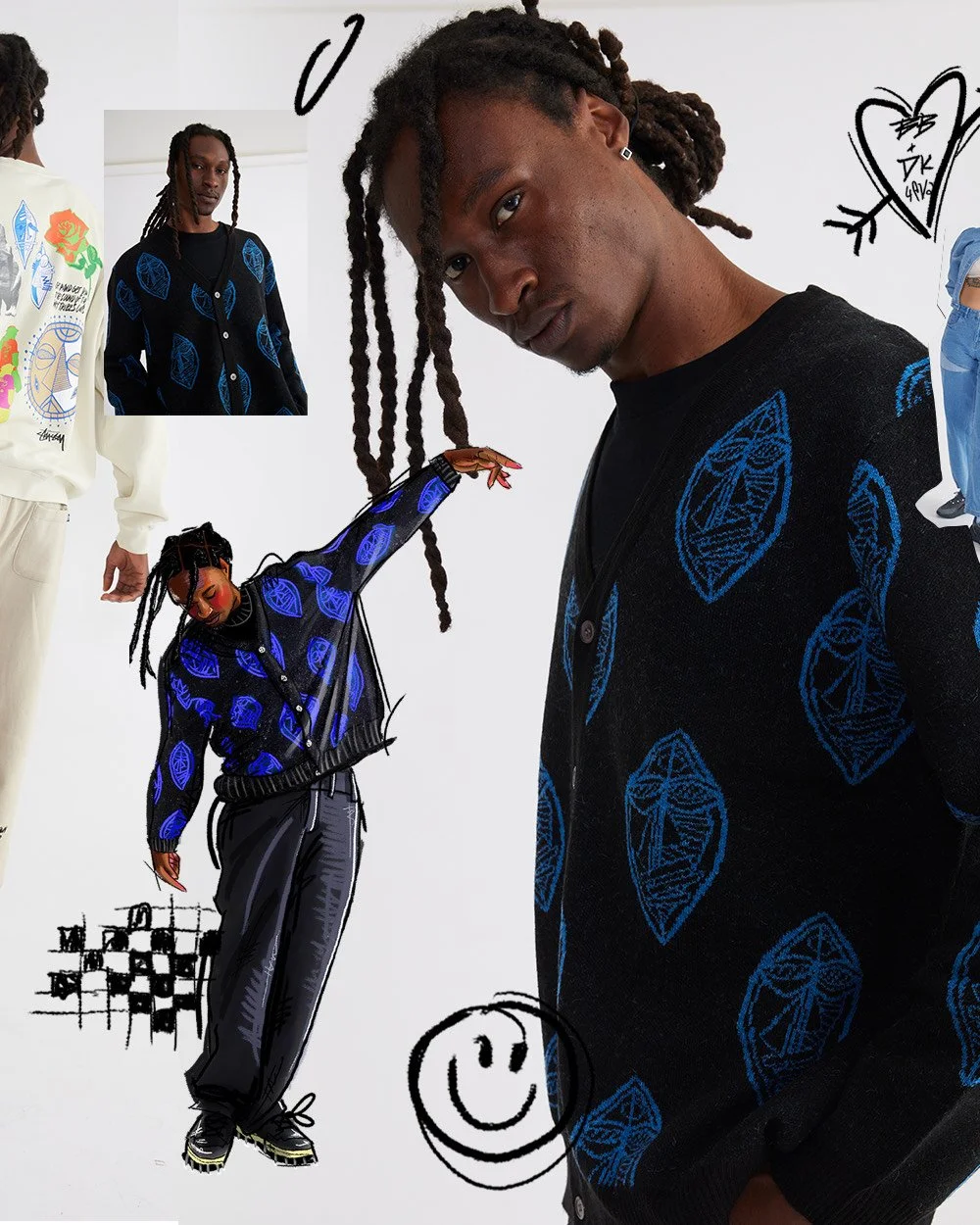 A young man with dark skin and dreadlocks wearing a black cardigan with blue leaf patterns over a black shirt, looking at the camera. The background features sketches of hearts, smiley faces, a chessboard, and smaller images of the same young man in 