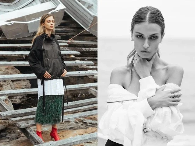 A side-by-side photo of a woman outdoors and a woman in a studio, with the woman outdoors wearing a black and gray jacket, green skirt, red shoes, and standing on a damaged wooden staircase, and the woman in the studio wearing an off-shoulder white t