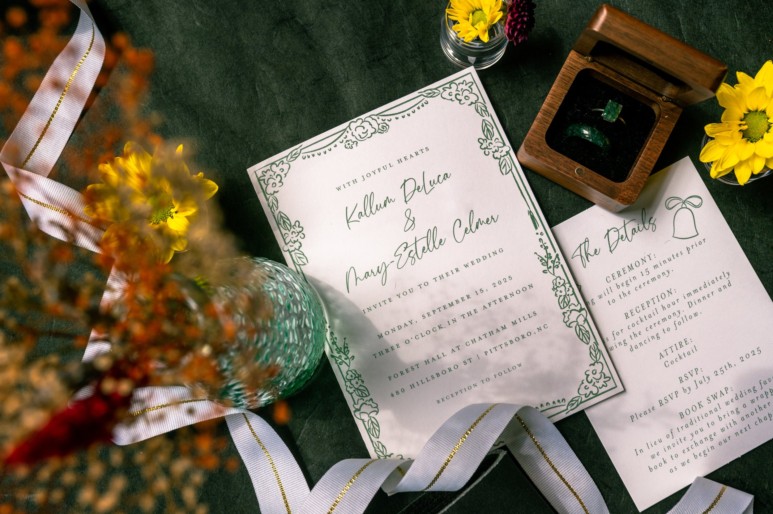 Wedding invitations and wedding rings.
