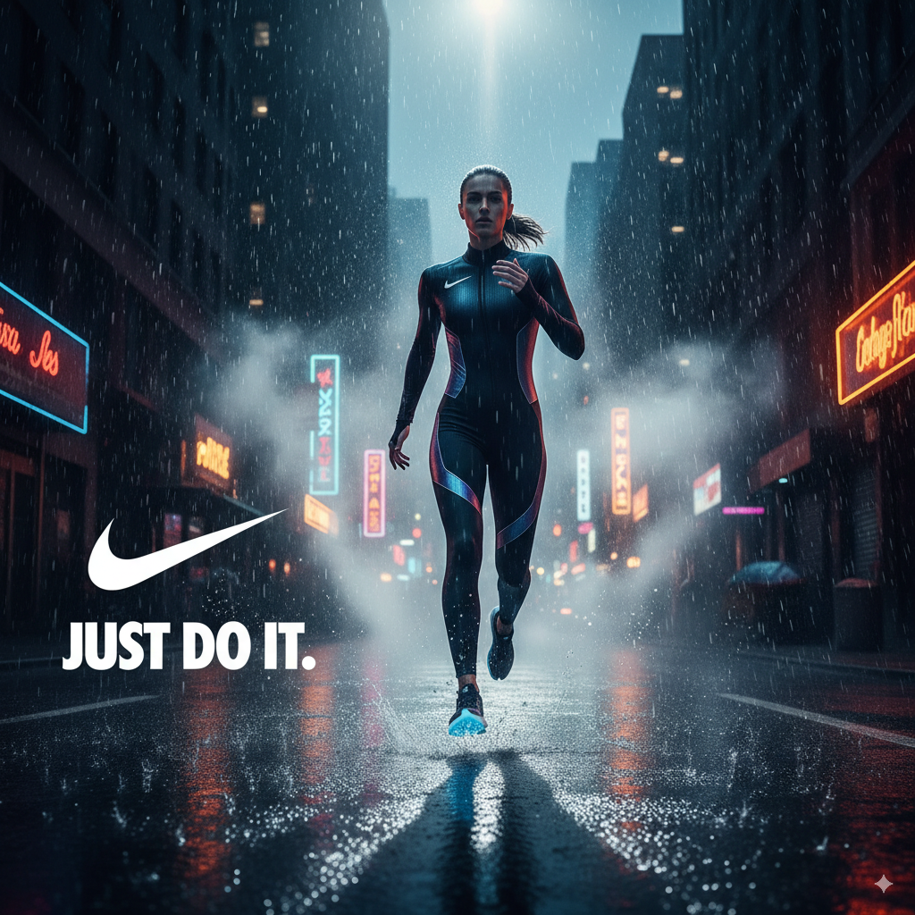 A woman running through a rainy city street at night, wearing a black athletic suit with red and blue accents, with neon lights and signs visible in the background. The Nike logo and slogan "Just Do It" are in the lower left corner.