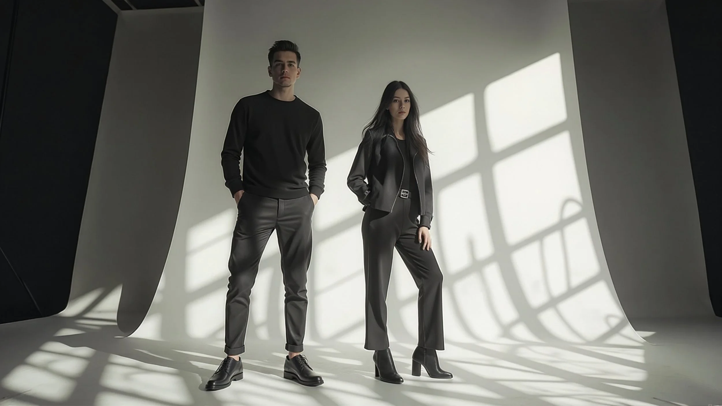 A man and woman in black clothing standing in a minimalistic studio with shadows cast from grid windows.
