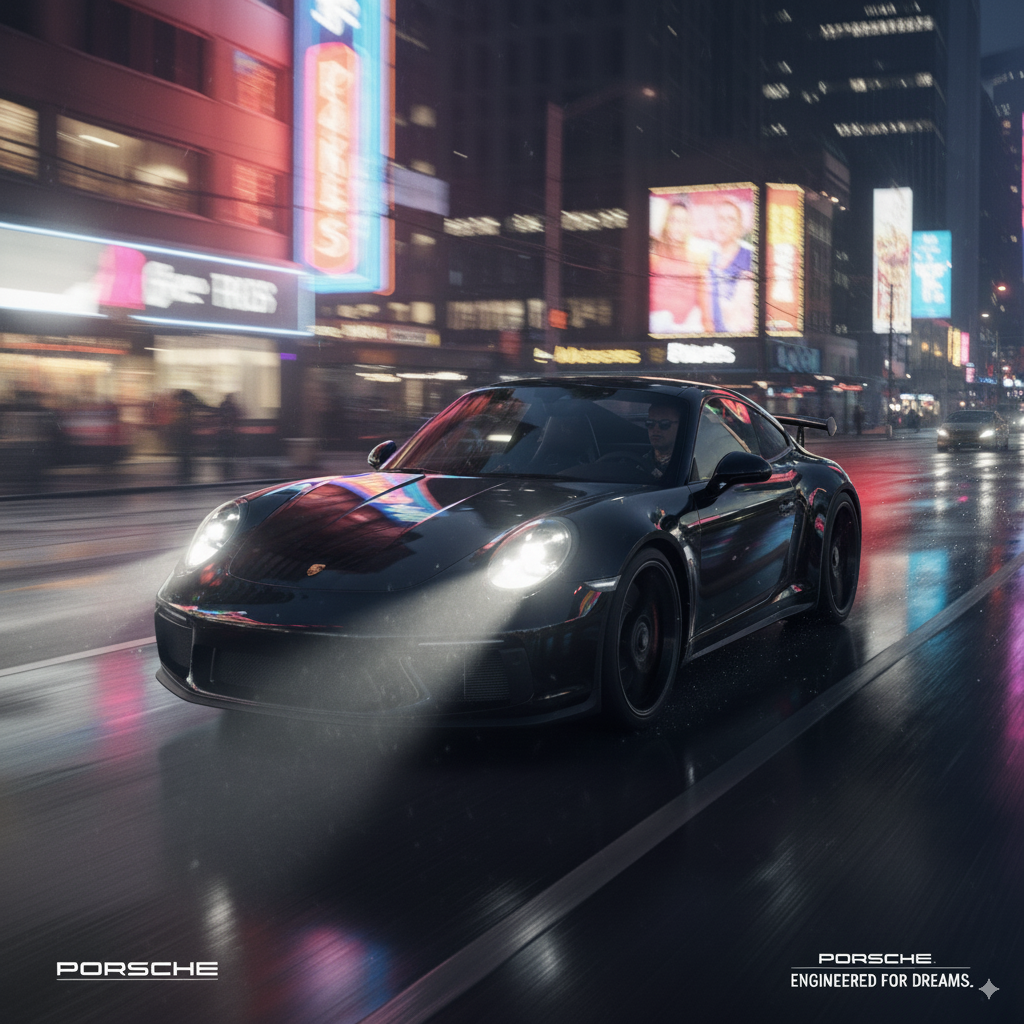 A black Porsche sports car driving through a city street at night with neon lights, blurred advertisements, and reflections on the wet road.