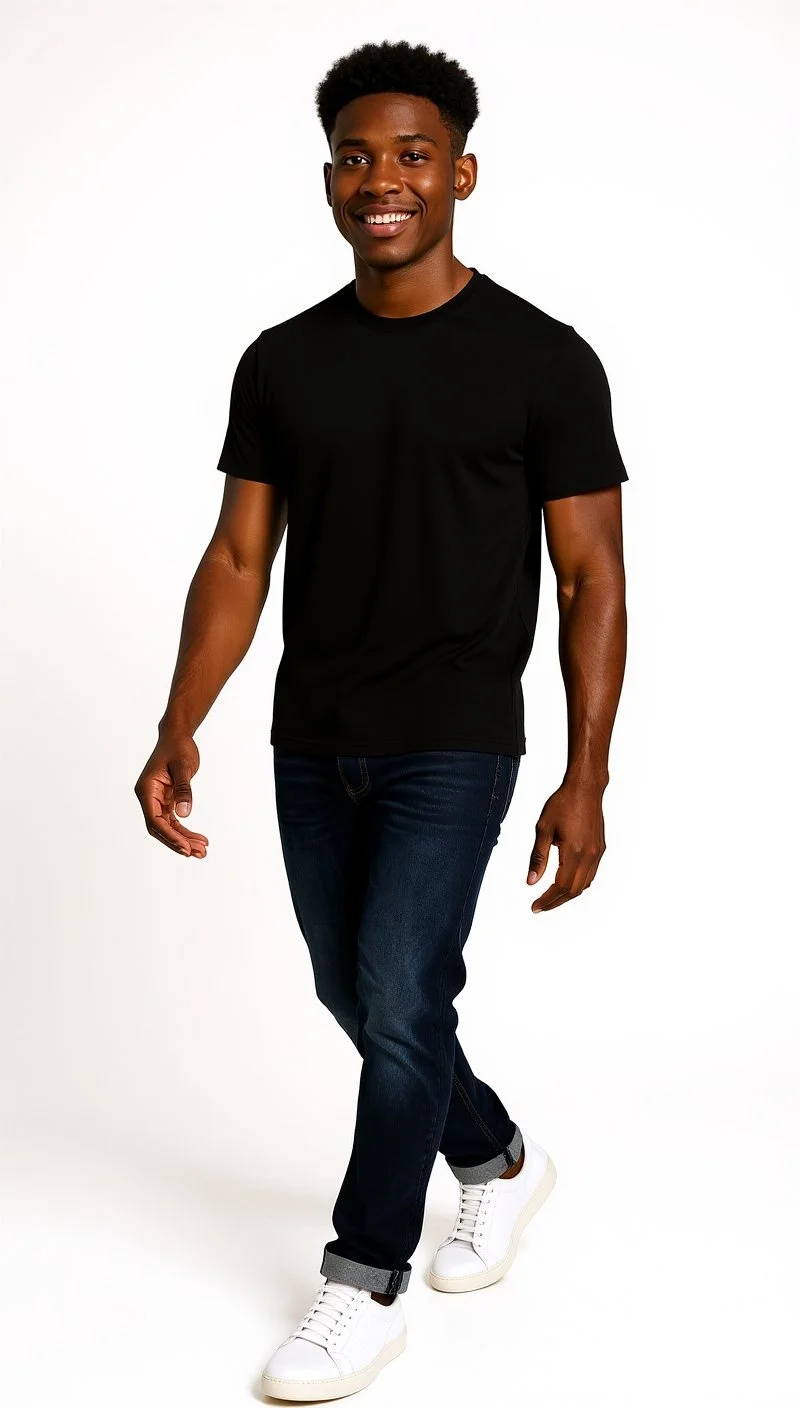A young man with dark skin, curly hair, wearing a black T-shirt, dark jeans, and white sneakers, walking and smiling against a plain white background.