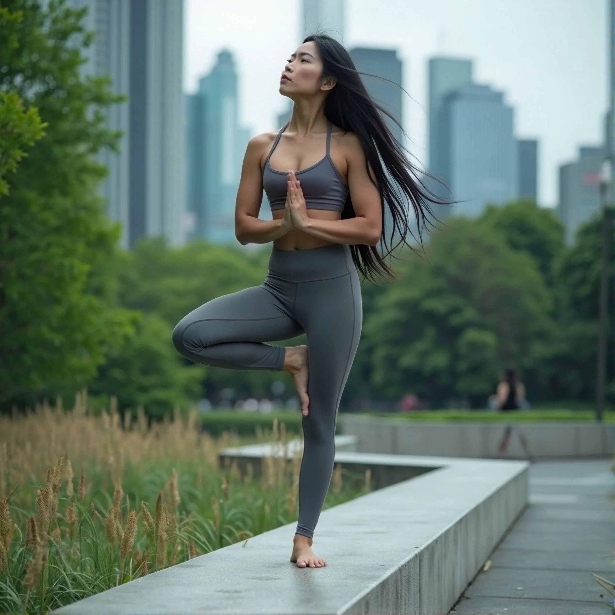 A woman practicing yoga outdoors in a city park, standing on one leg with hands in prayer position and one foot resting on her inner thigh, with tall buildings behind her.