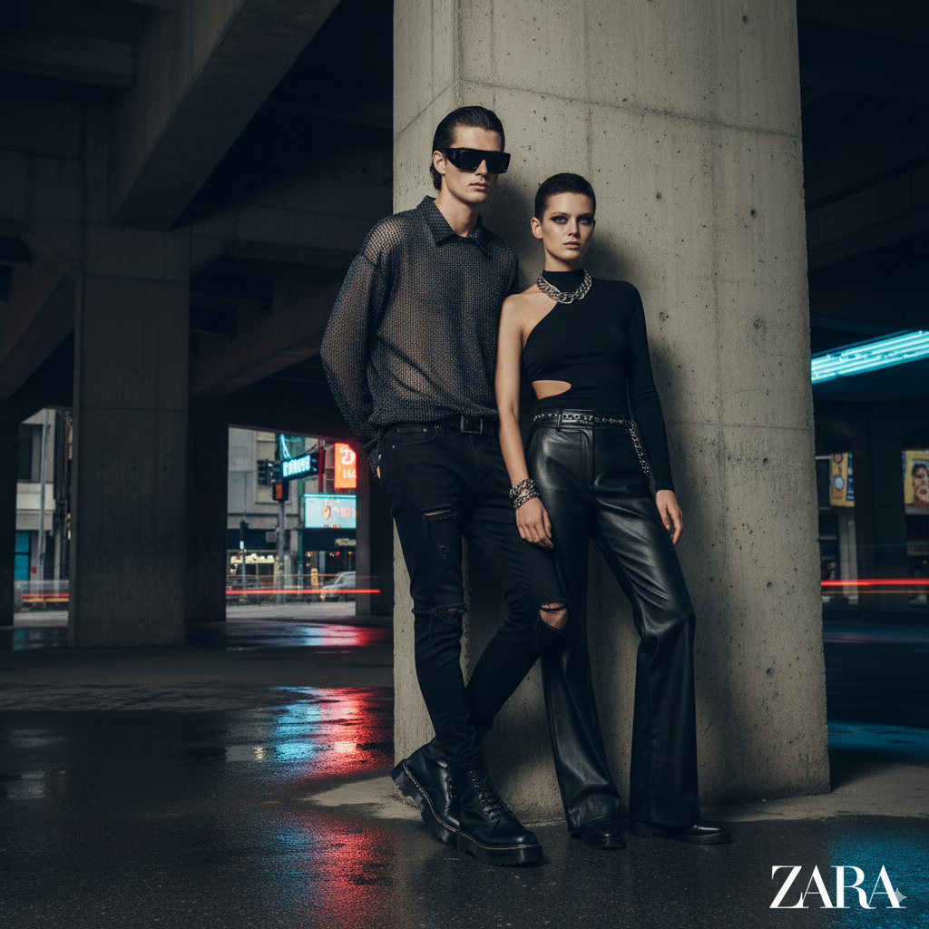 Two models pose under a concrete overpass at night, wearing edgy black fashion with accessories, in an urban setting with neon lights reflecting on the wet ground, and a Zara logo in the bottom right corner.