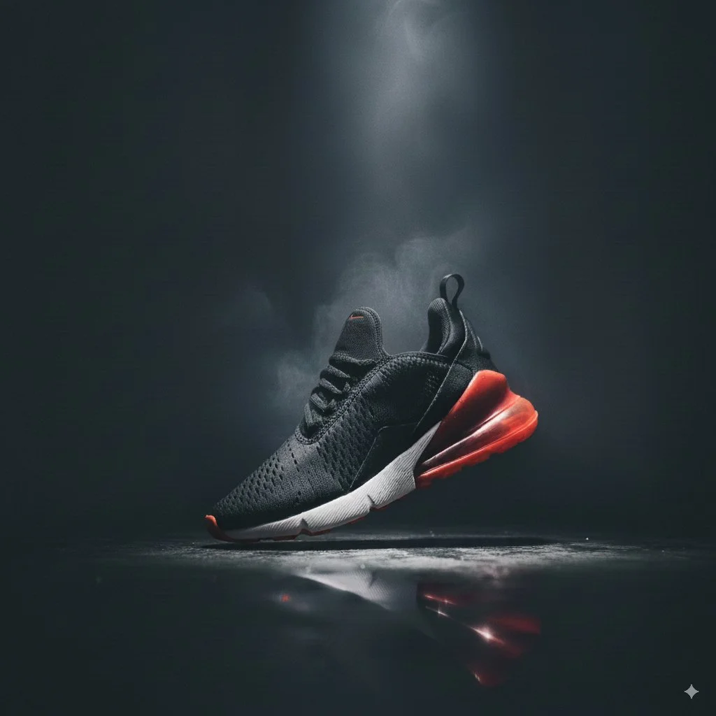 A black athletic shoe with a red sole and white midsole, floating against a dark background with subtle lighting and reflection.