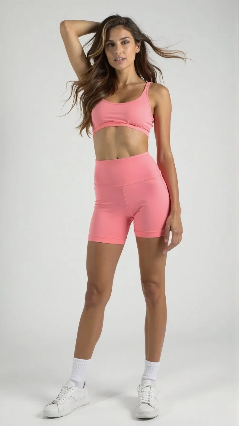 A young woman with long wavy brown hair posing in a pink sports bra and matching pink high-waisted shorts, wearing white sneakers and white ankle socks, against a plain light background.
