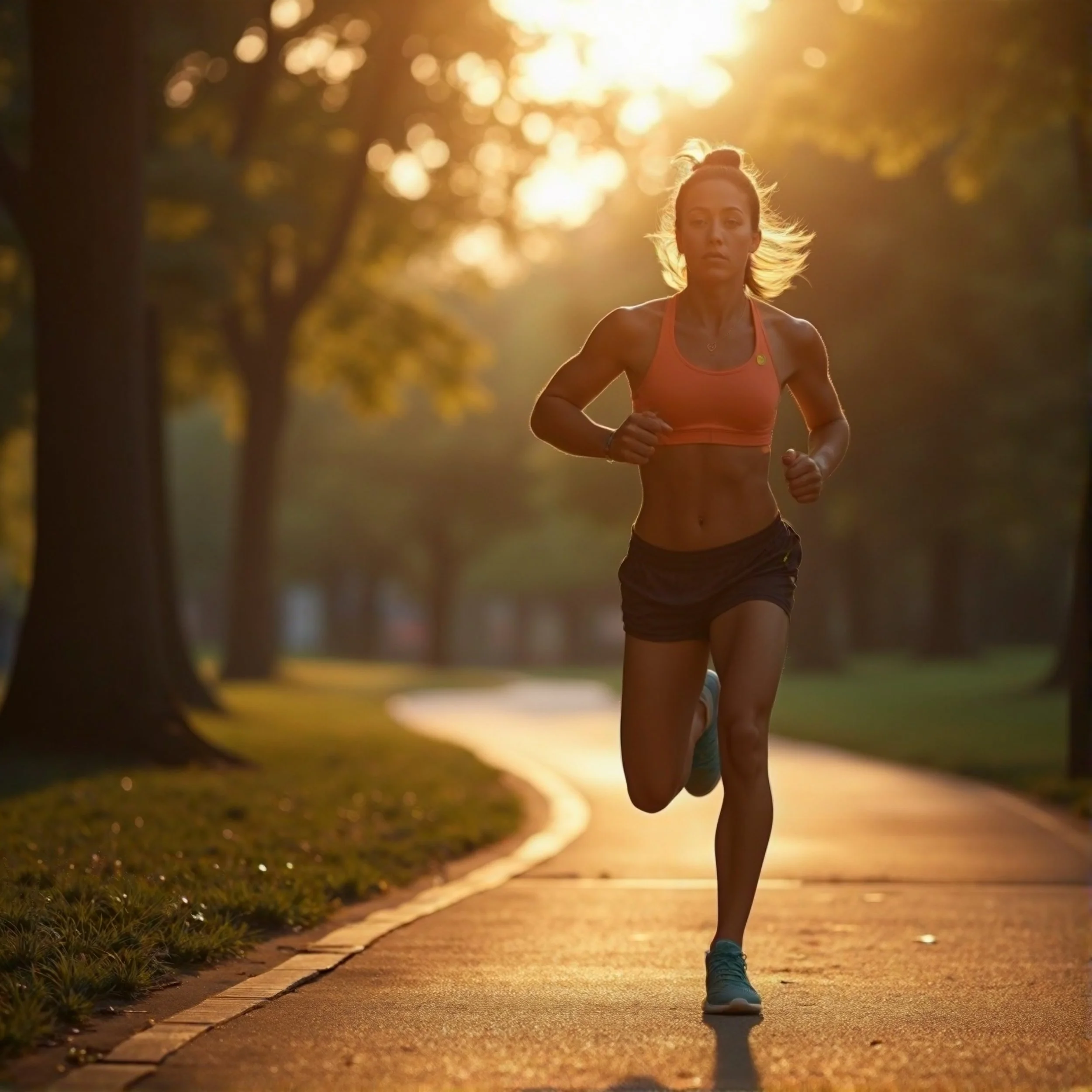 A woman running on a winding paved path in a park during sunset, wearing a pink sports bra, black shorts, and running shoes.