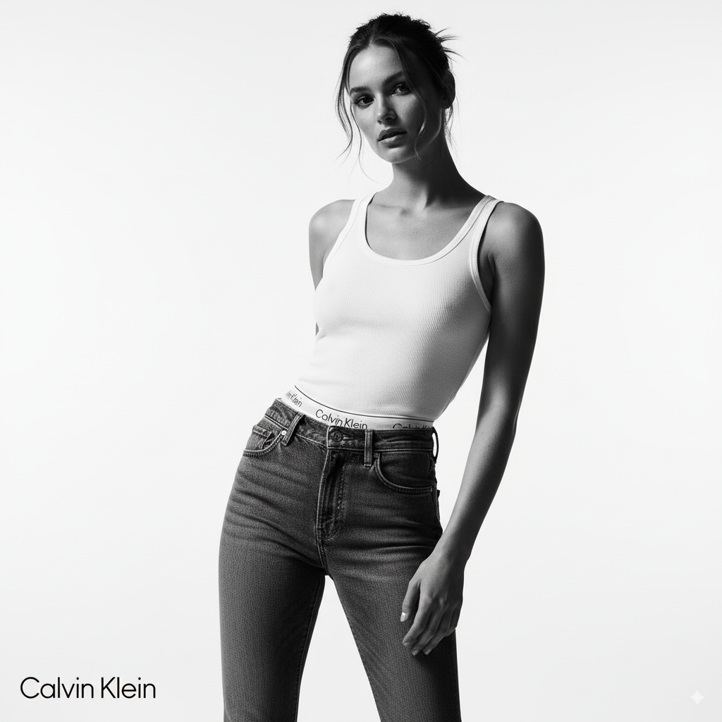 A black-and-white photo of a young woman with her hair in a bun, wearing a fitted tank top and high-waisted jeans. The background is plain and light-colored.