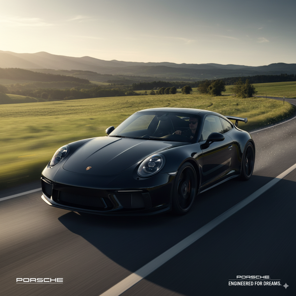 A black Porsche sports car driving on a scenic rural road with green fields and mountains in the background during sunset.