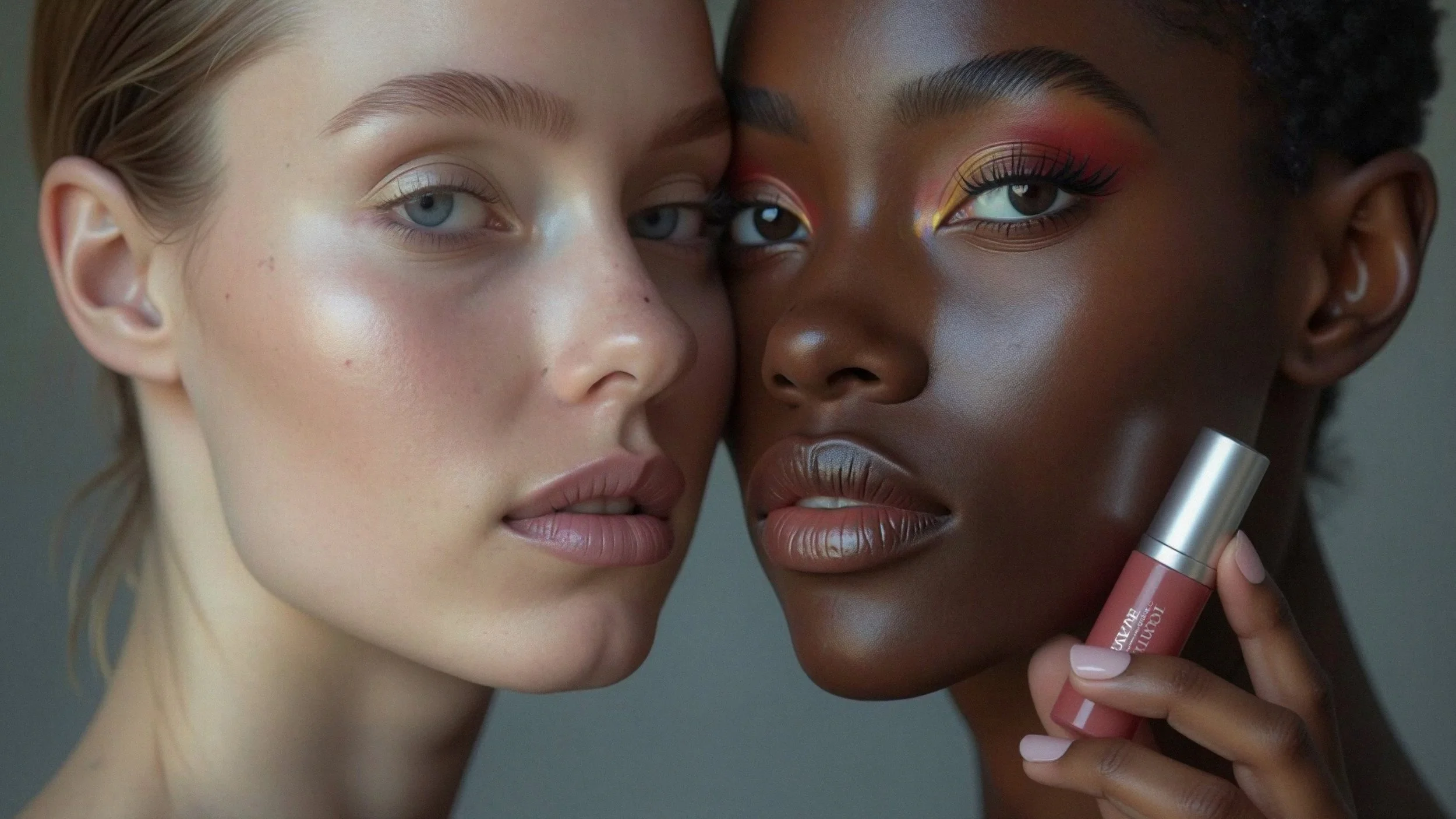 Close-up of two women with vibrant makeup, one with fair skin and blonde hair, the other with dark skin and braided hair, posing together. The woman with dark skin holds a lipstick.