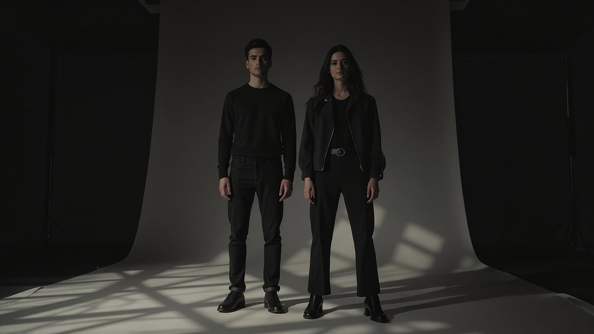 Young man and woman standing in a photo studio against a gray backdrop, dressed in black outfits, with shadows cast on the floor.