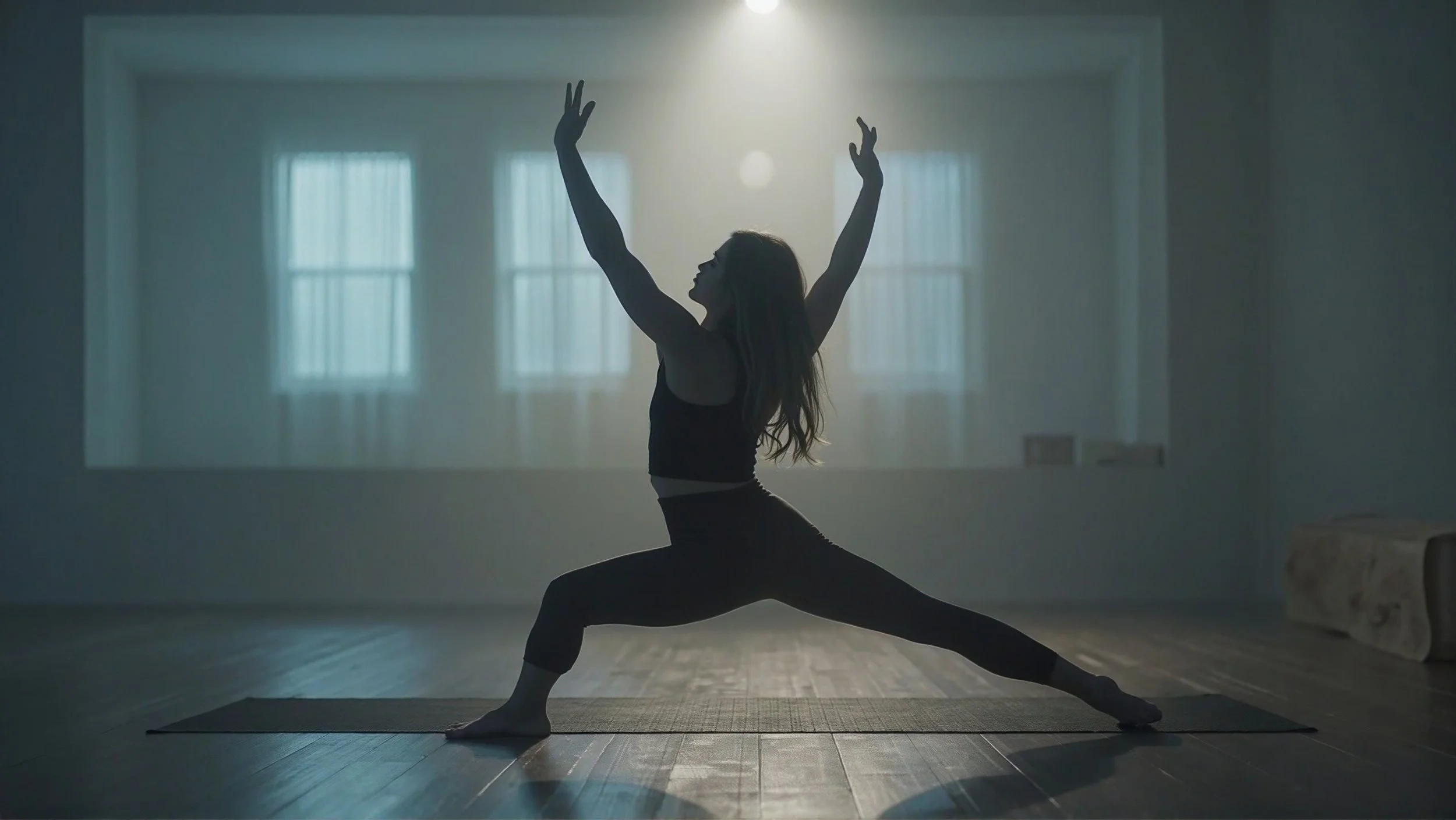 A woman practicing yoga indoors on a mat, performing a warrior pose with her arms raised and her side to the camera. The room has soft natural light coming through two windows with sheer curtains.