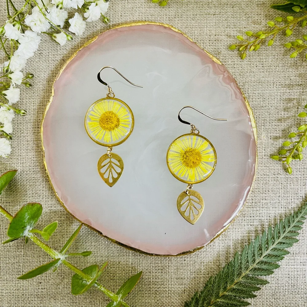 Drop Earrings Pressed Flower Resin Earrings Real Pressed Yellow