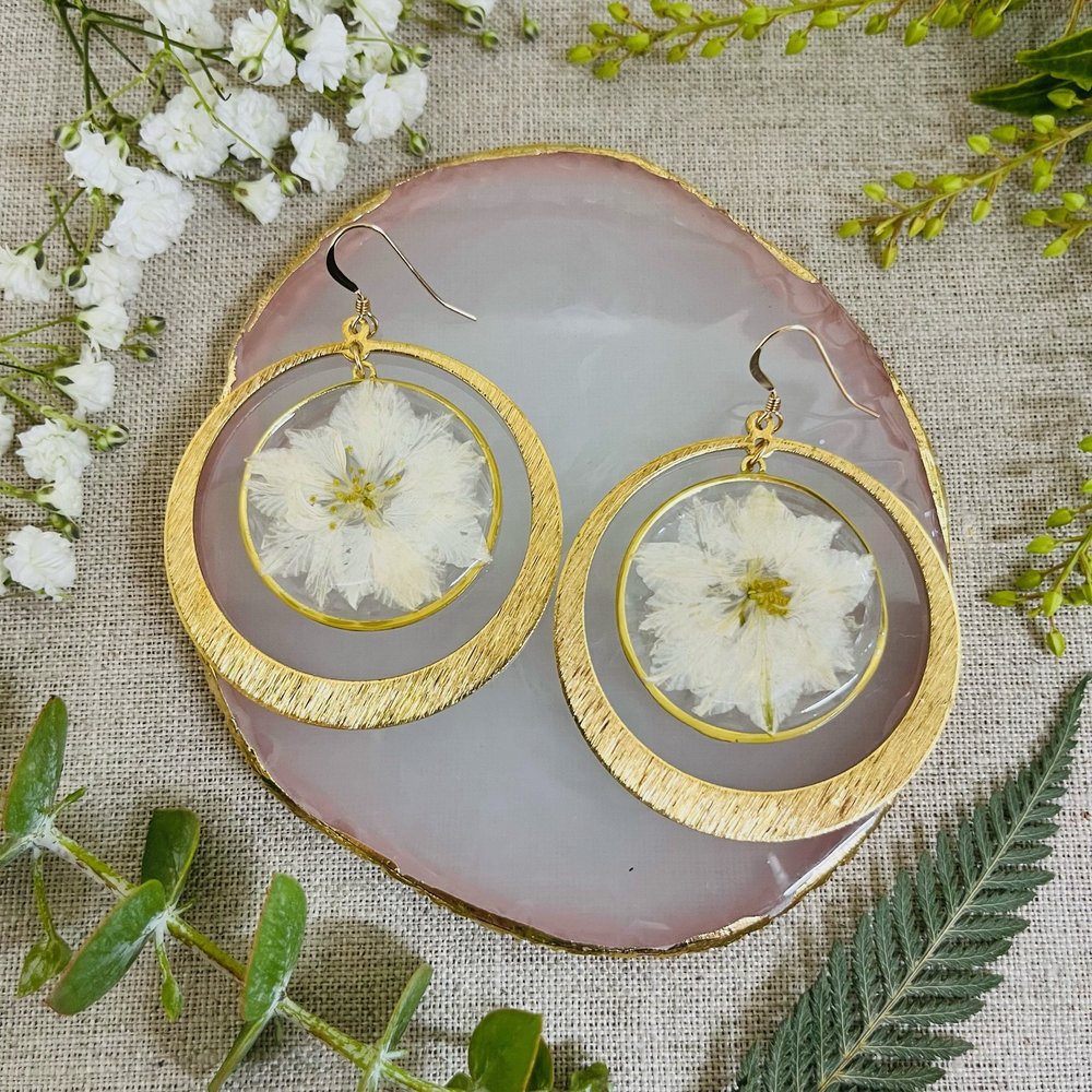 Real Pressed White Larkspur Flower Handmade Earrings in Gold  display picture 1