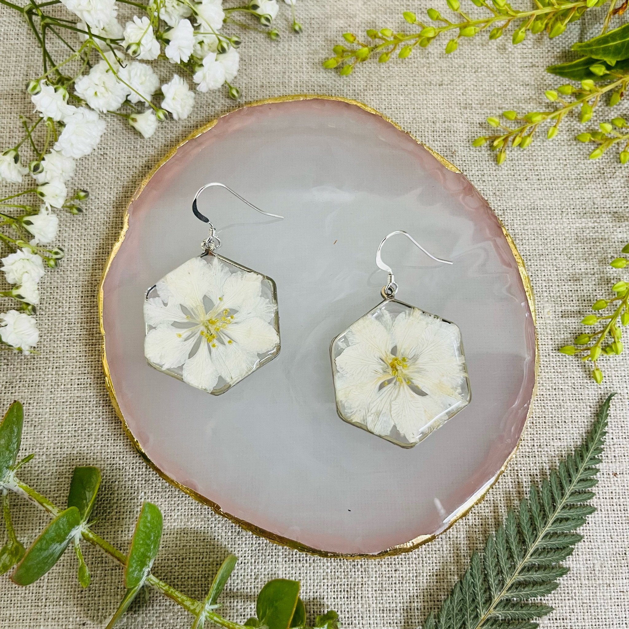 Real Dried Flowers and Resin Earrings, Gold Circle Drops in Purple Green ·  Ann + Joy ·