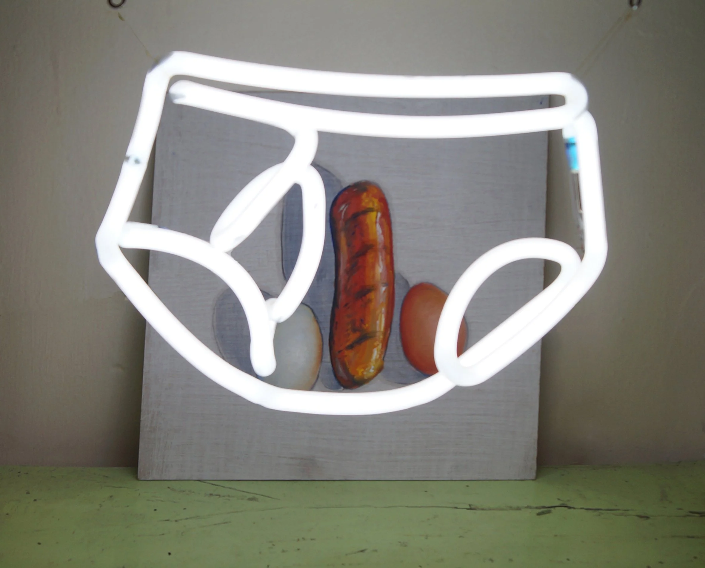 sausage and eggs. 2017. mixed media : neon , oil on wood panel. 30 cm x 30 cm.