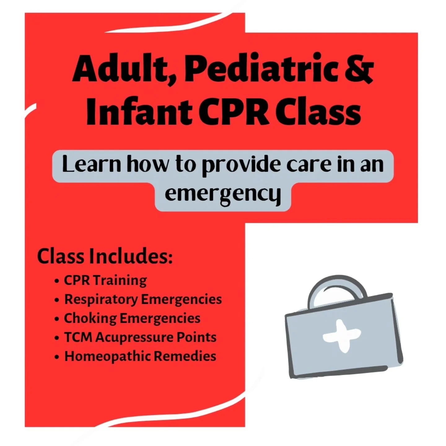 Join me on Wednesday, 8/6 @ 6:30pm for Adult,  Pediatric, and Infant CPR and Choking Emergencies. 

In addition, learn Traditional Chinese Medicine Acupressure Points and Homeopathic Remedies for Emergencies.

Book by visiting @embodiedphysicaltherap