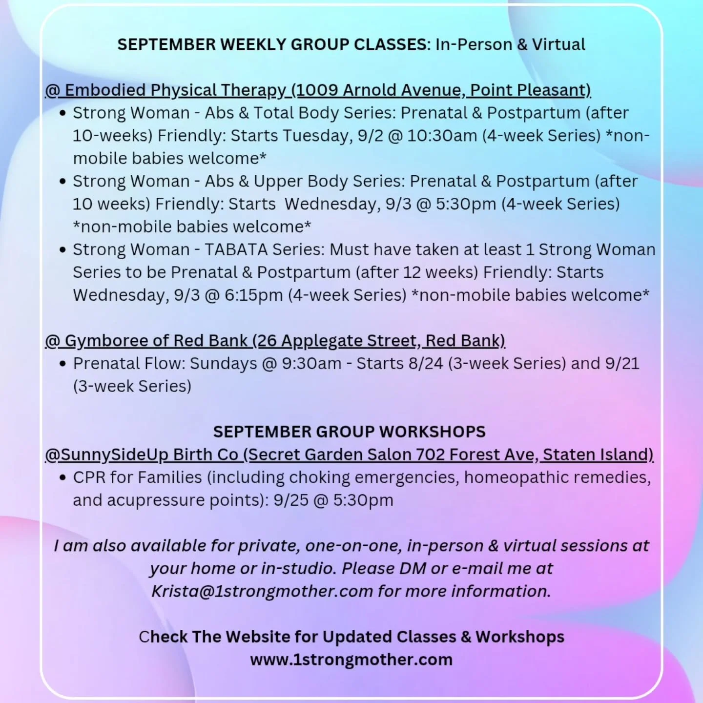 September Classes Up!

Sunday Prenatal Flow @ 9:30 @gymboreeclasses_redbank 

Tuesday Strong Woman @10:30
@embodiedphysicaltherapy 

Wednesday Strong Woman AND Tabata @5:30 &amp; 6:15
@embodiedphysicaltherapy 

Build a solid core, increase strength, 
