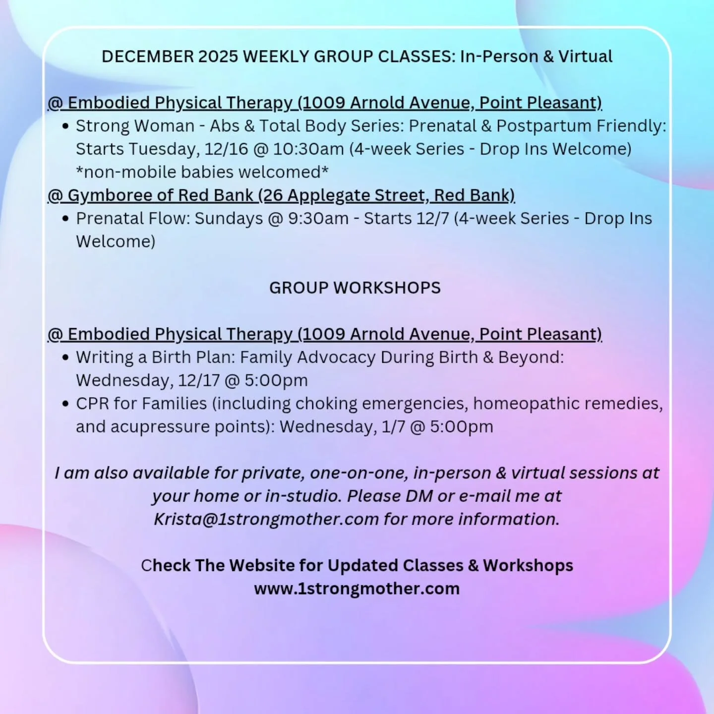 DECEMBER SCHEDULE!!⛄️

Register via link in Bio 🎄

#prenatalfitness
#postpartumfitness
#cprforfamilies
#writingabirthplan